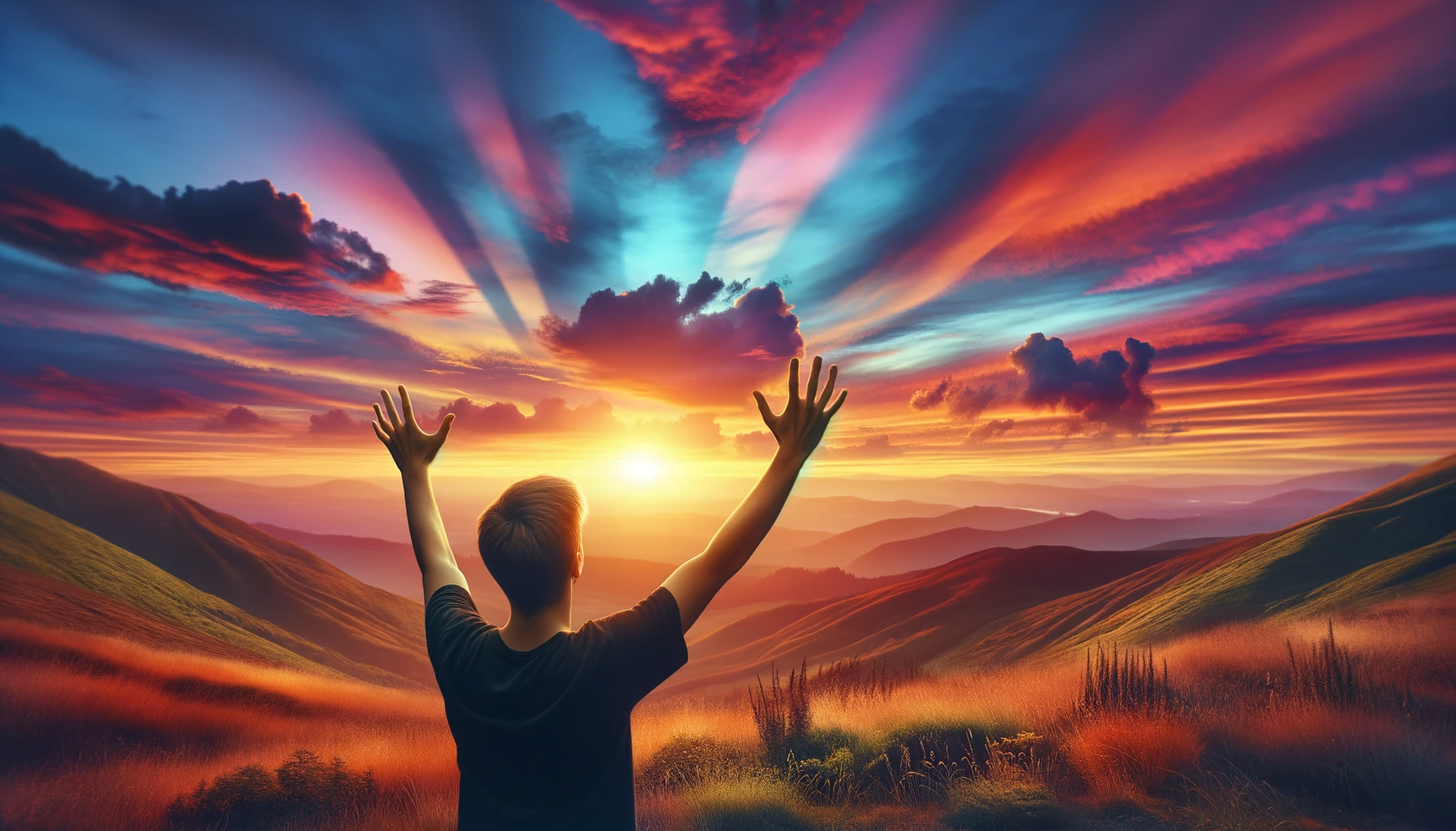 Person expressing gratitude against a breathtaking sunset